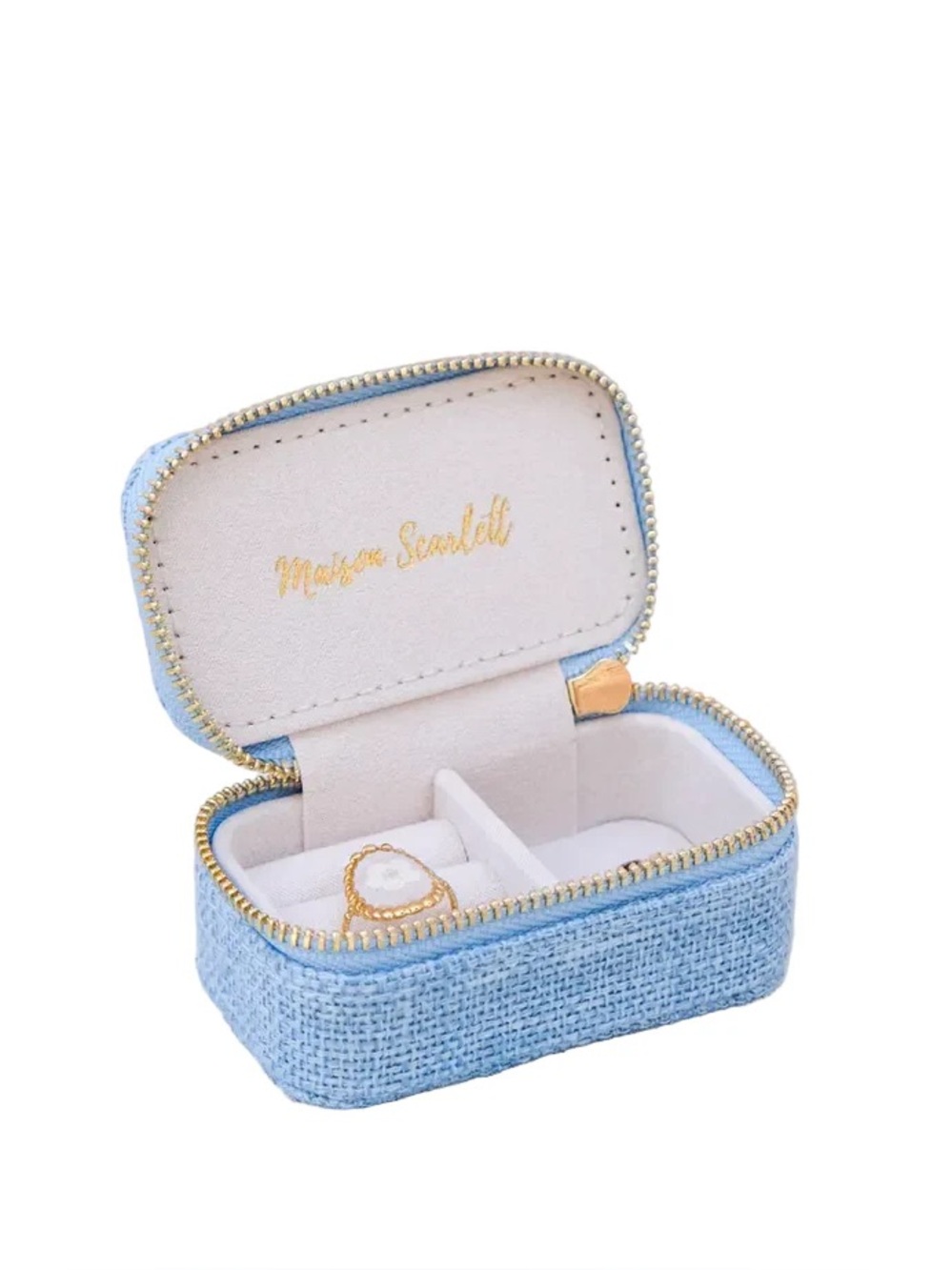 Maison Scarlett Marie Blue Linen Mini Travel Jewelry Box Parisian Chic Coastal